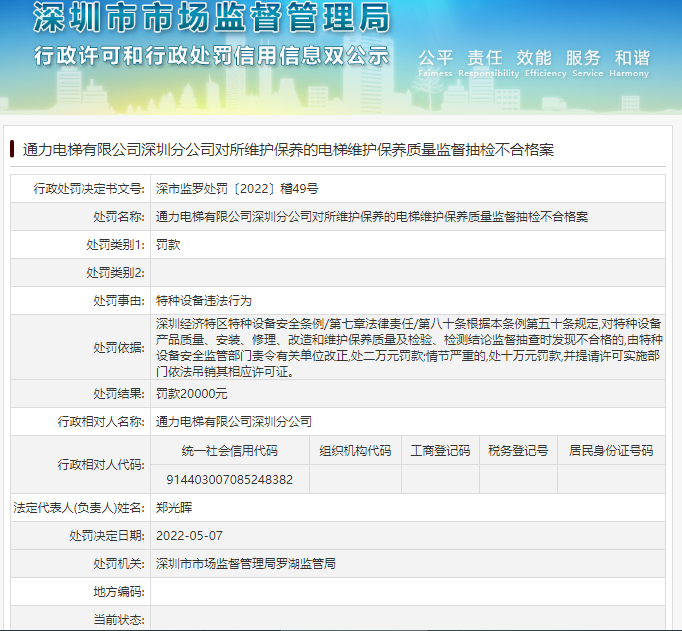 罰款2萬(wàn)元！通力電梯有限公司深圳分公司被處罰